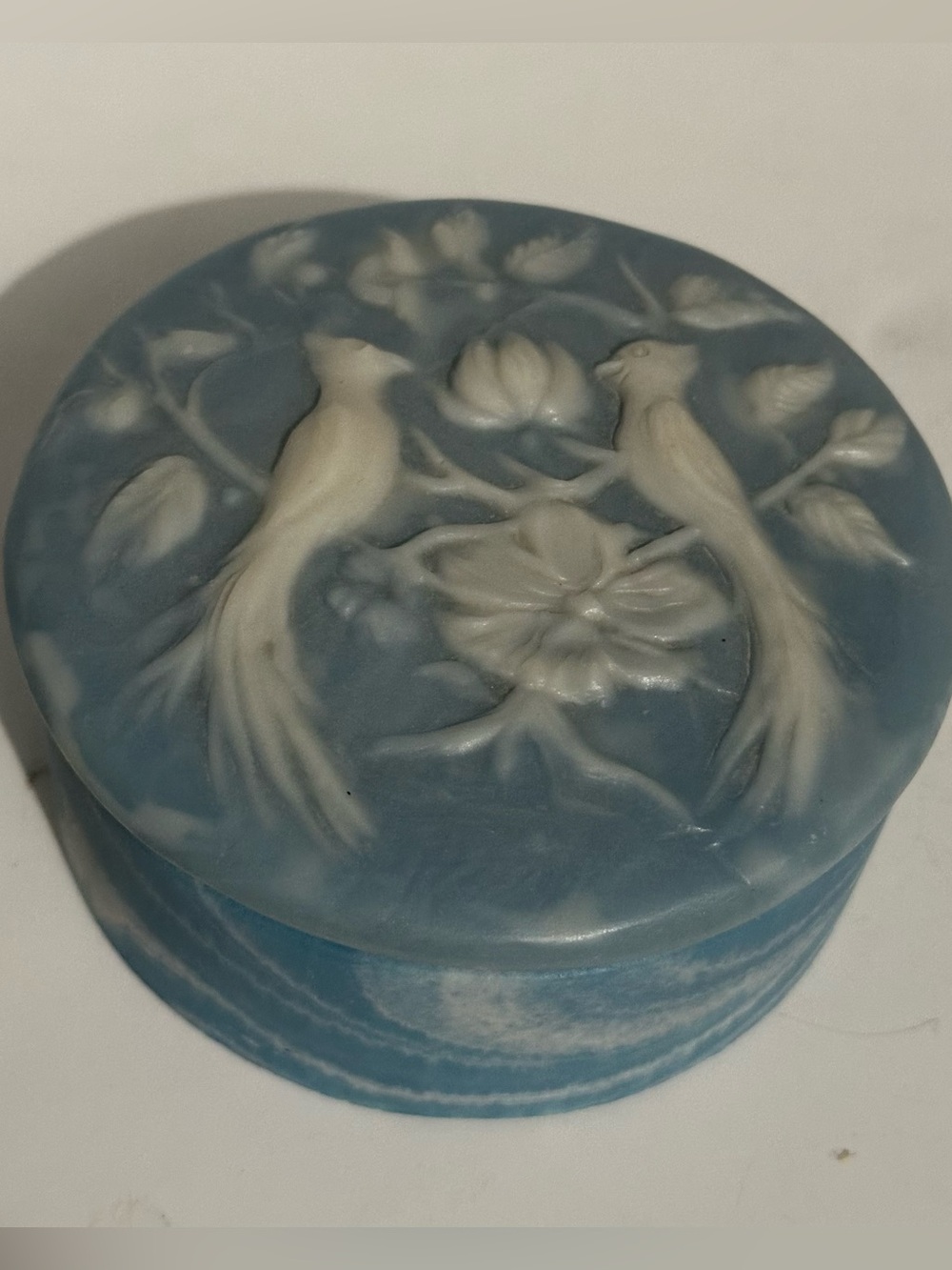 Vintage blue incolay stone lidded trinket box/vanity box with birds design